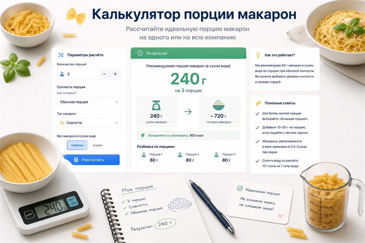Сколько пасты варить — иллюстрация к калькулятору