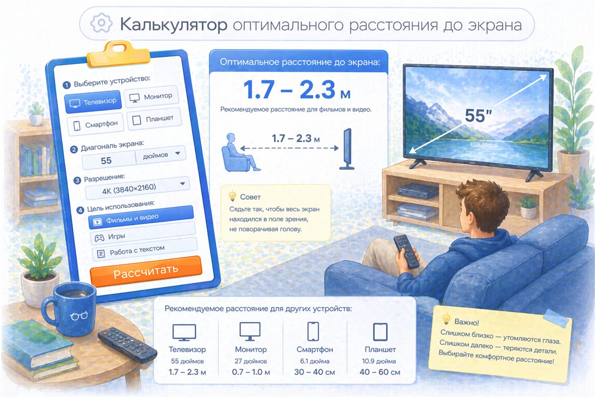 Оптимальное расстояние до экрана — иллюстрация к калькулятору