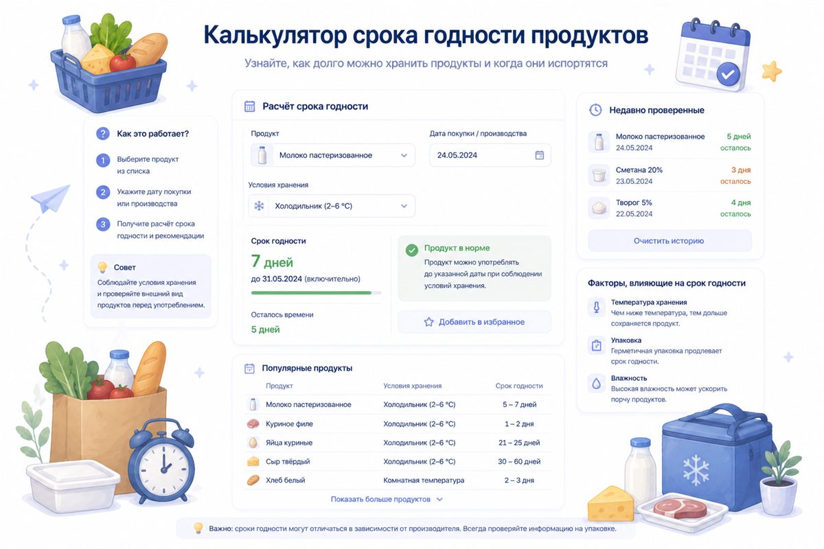 Калькулятор срока годности продуктов — иллюстрация к калькулятору