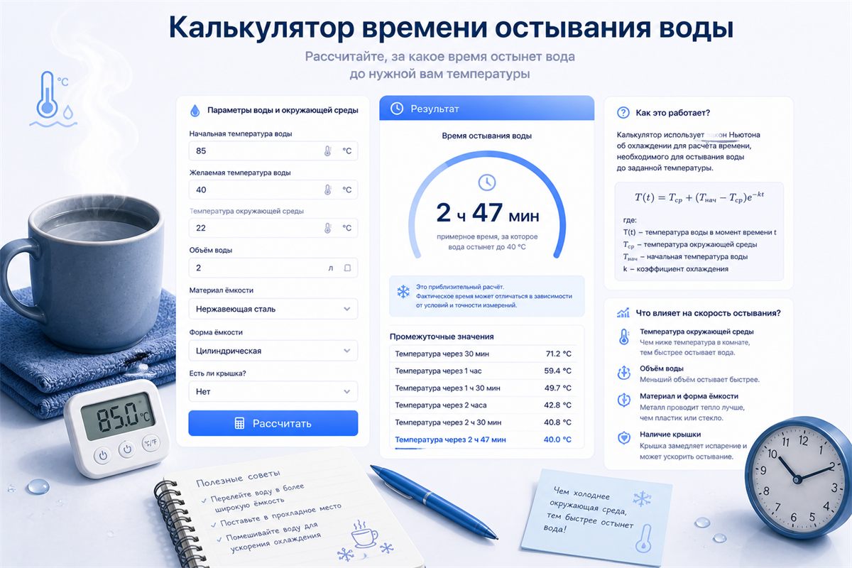 Калькулятор времени остывания воды — иллюстрация к калькулятору