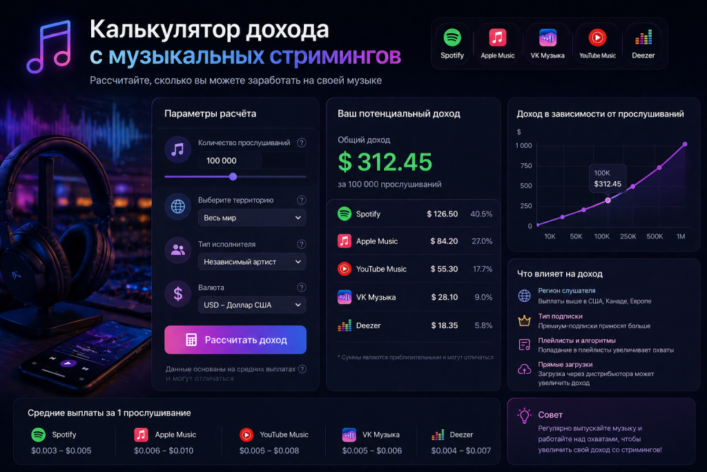Калькулятор дохода с музыкальных стримингов