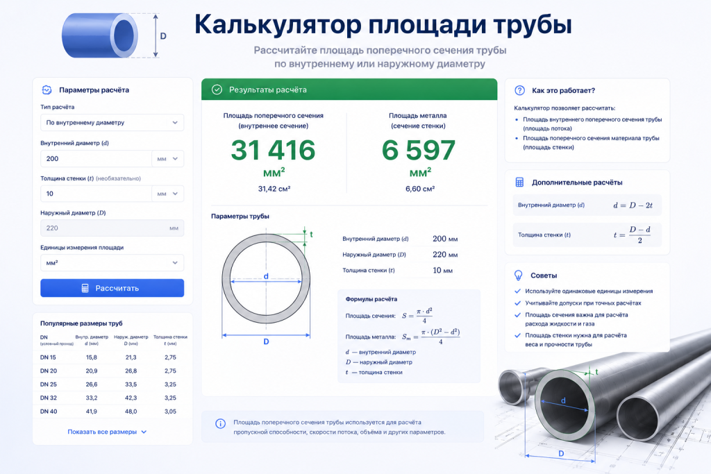 Калькулятор площади трубы